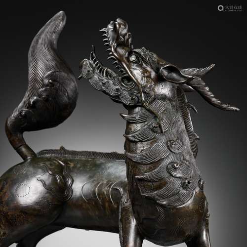 A LARGE BRONZE ‘QILIN’ CENSER, YUAN TO MING DYNASTY