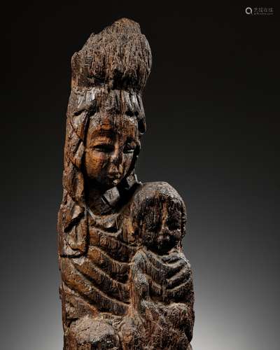 A LARGE WOOD FIGURE OF SONGZI GUANYIN AND CHILD, CHINA, EARL...