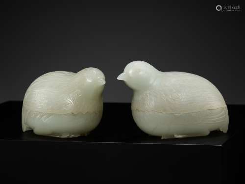 AN EXCEPTIONAL PAIR OF WHITE JADE ‘QUAIL’ BOXES AND COVERS, ...