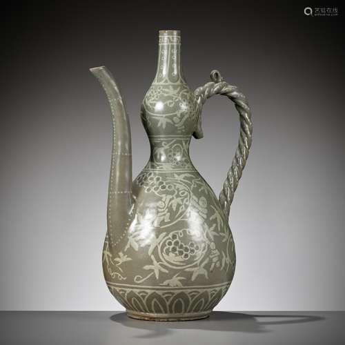 A SLIP-INLAID ‘CHILDREN AND GRAPEVINES’ CELADON EWER, GORYEO...