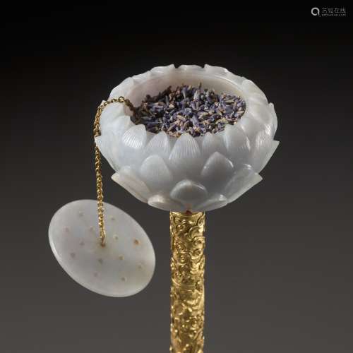 AN IMPERIAL JADE, GILT-BRONZE, AND RUBY-INLAID ‘LOTUS AND BA...