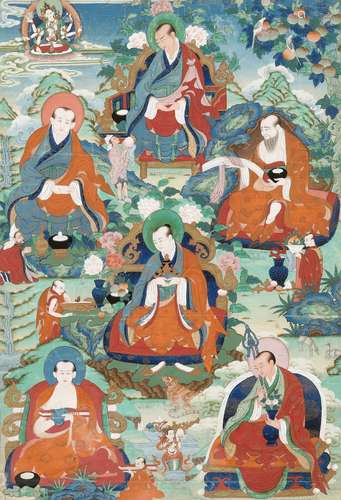 A REMARKABLY FINE THANGKA DEPICTING SIX ARHATS, TIBET, 18TH ...