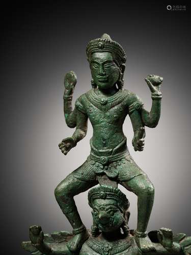 A BRONZE FIGURE OF VISHNU STANDING ON GARUDA, ANGKOR PERIOD