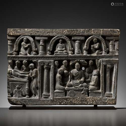 A GRAY SCHIST FRIEZE DEPICTING BUDDHA’S FIRST SERMON AND DEA...