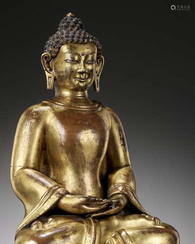 A GILT COPPER-ALLOY REPOUSSÉ FIGURE OF BUDDHA AMITABHA, WITH...