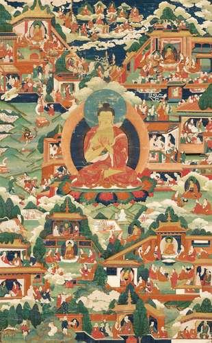 AN EXCEPTIONALLY FINE THANGKA OF BUDDHA SHAKYAMUNI AND CLASS...