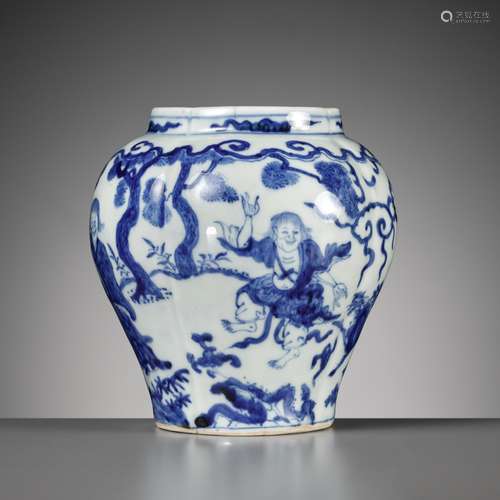 A RARE BLUE AND WHITE ‘FOUR IMMORTALS’ JAR, JIAJING MARK AND...