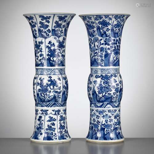 A PAIR OF LARGE BLUE AND WHITE BEAKER VASES, GU, KANGXI PERI...