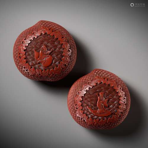 A PAIR OF HEAVY CARVED CINNABAR LACQUER PEACH-FORM BOXES AND...