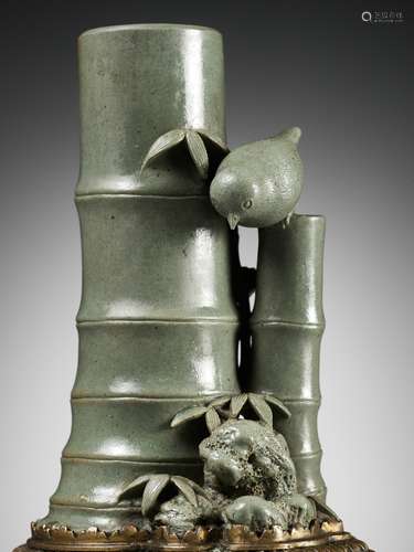 A CELADON-GLAZED ‘BAMBOO’ DOUBLE VASE, THE GILT-BRONZE MOUNT...