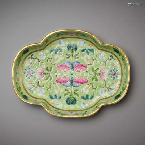 A LIME-GREEN AND FAMILLE-ROSE ‘BUTTERFLY’ TEA TRAY, JIAQING ...