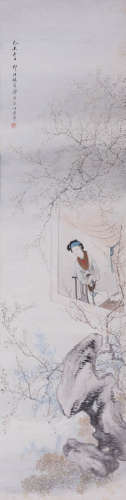 陈康侯(1866-1937) 临窗赏梅 1919年作 设色纸本 立轴