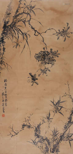 吴让之(1799-1870) 墨竹石榴  水墨纸本 立轴