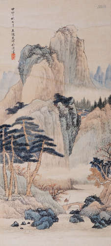 王怀芝(近代) 溪山策杖 1944年作 设色纸本 镜心