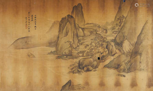 奎聚五(近代) 山溪水阁图  设色绢本 横幅