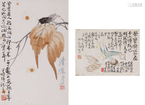 李苦禅(1899-1983) 题木版水印两帧  设色纸本 镜心
