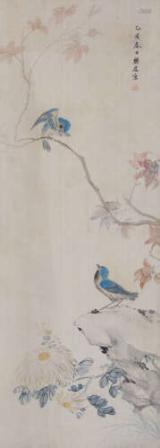 樊虚(近代) 菊石双禽图 1935年作 设色绢本 镜心