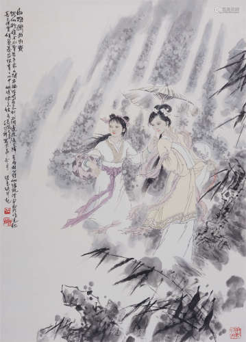 张惠斌(b.1942) 白珍娘与小青 1992年作 设色纸本 立轴