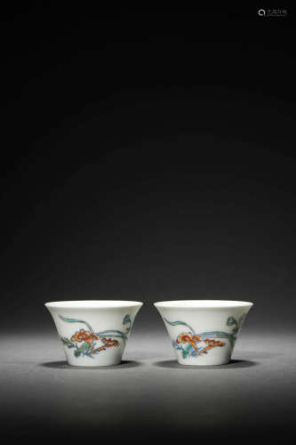 A Pair Of Doucai Glaze Floral Cups, Qing Yongzheng Mark