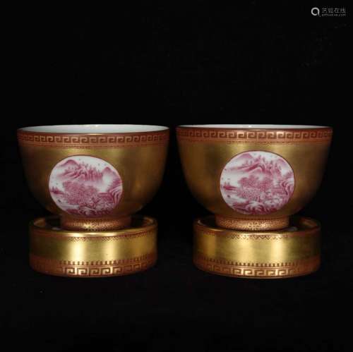 旧藏清乾隆款珐琅彩鎏金胭脂红山水纹碗