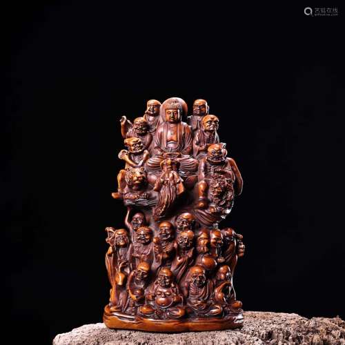 旧藏高浮雕黄杨木雕刻十八罗汉佛祖摆件