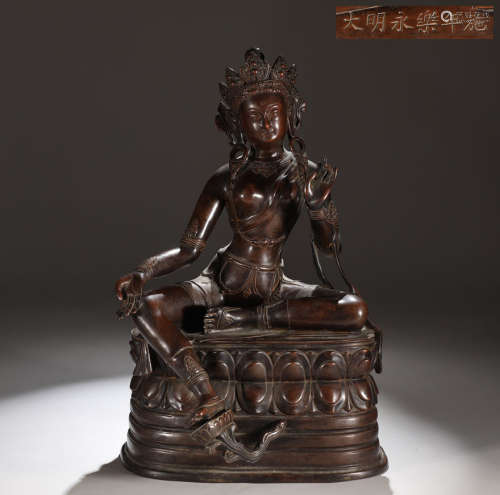 旧藏大明永乐款精铸铜胎绿度母坐像