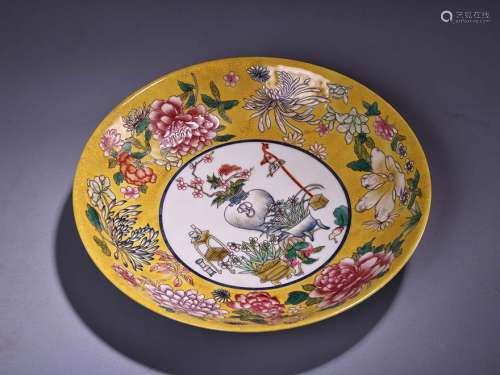 旧藏手绘珐琅彩粉彩瓷盘子