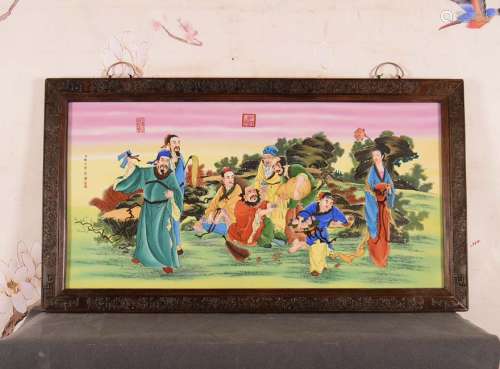 旧藏红木雕花框镶粉彩人物瓷板画中堂挂屏《八仙过海图》