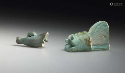 TWO EGYPTIAN FAIENCE CROWNS, DESHRET AND HEDJET  两顶埃及彩陶...