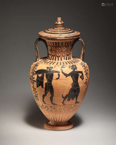 AN ETRUSCAN BLACK-FIGURE AMPHORA WITH LID  一个带盖的埃特鲁里...