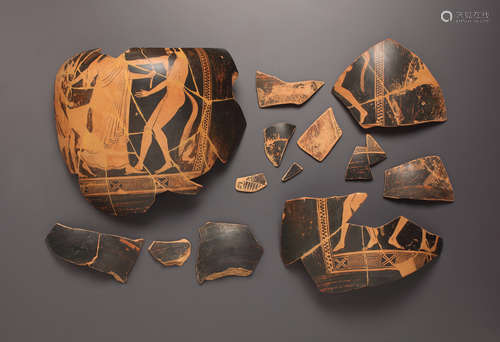 FRAGMENTS OF AN ATTIC RED-FIGURE AMPHORA WITH DIONYSOS AND S...