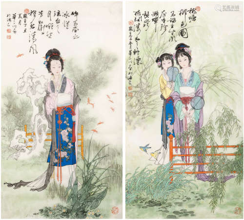 华三川 1996-1997年 读书图 秋塘柳色图 设色绢本 两幅