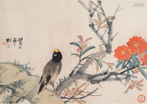 朱梦庐(1826-1900) 茶花幽禽  设色纸本 镜心