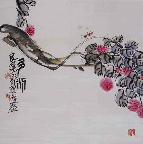 齐良迟(1921-2003) 荔枝草虫  设色纸本 立轴