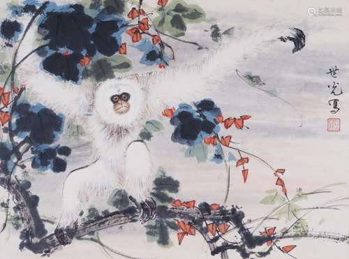田世光(1916-1999) 红叶白猿 设色纸本 镜心