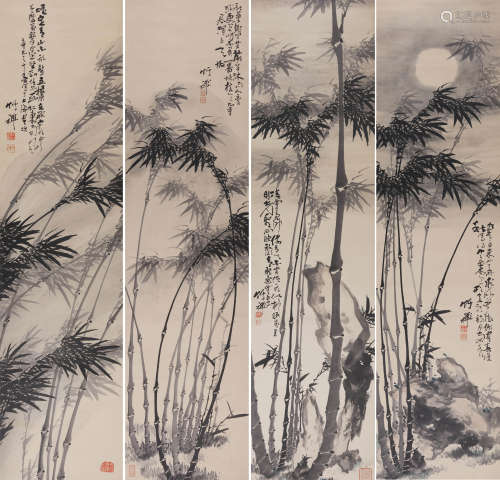 竹禅(1824-1901) 竹石四屏 1881年作 设色纸本 立轴
