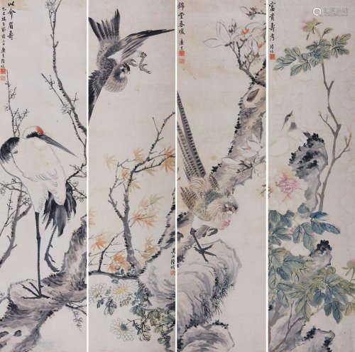 陆恢(1851-1920) 花鸟四屏  设色纸本 立轴