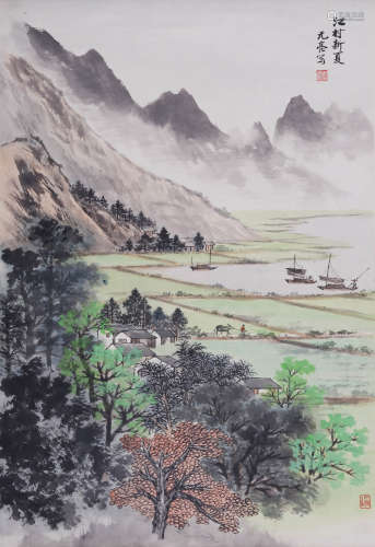周元亮(1904-1995) 江村新夏  设色纸本 立轴
