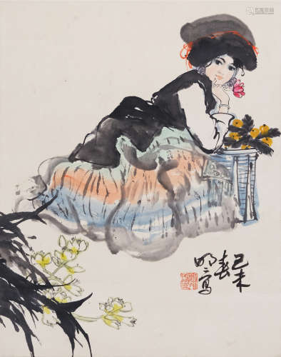 王明明(b.1952) 枇杷少女 1979年作 设色纸本 镜心