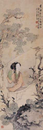 徐操(1899-1961) 庭院仕女图  1940年作 设色纸本 立轴