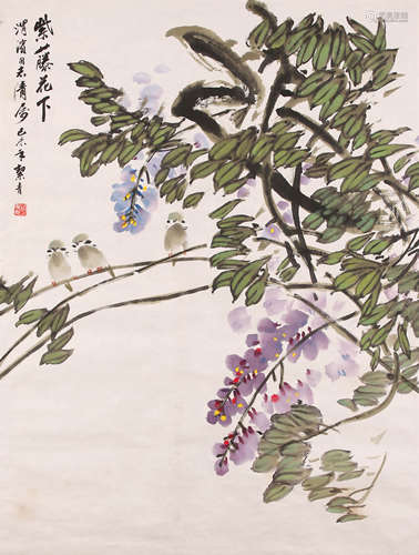 胡絜青 紫藤花下[著名画家潘渭滨上款] 纸本设色托片