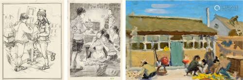 刘小东 油画农民 素描人物 计三幅 纸本 镜片