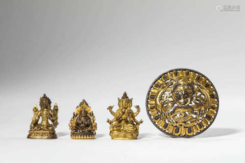 A Set Of Four Gilt Bronze Statues Of Buddha And Ornament