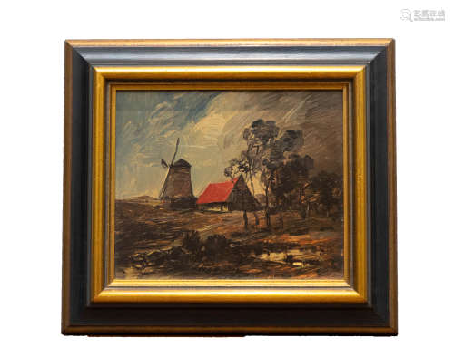 木板油彩版画│红房子和磨坊的秋天风景 1960年代 木板油彩版画