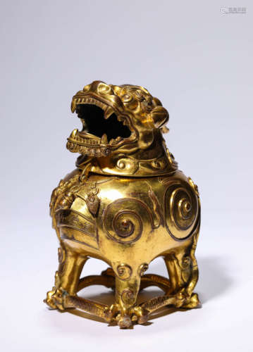 A Gilt-Bronze Auspicious Beasst Censer