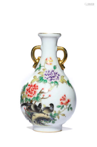 A Porcelain Famille-Rose Poem and Birds Vase