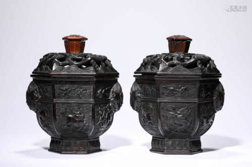 A Pair of Wood Sea Beast Censers