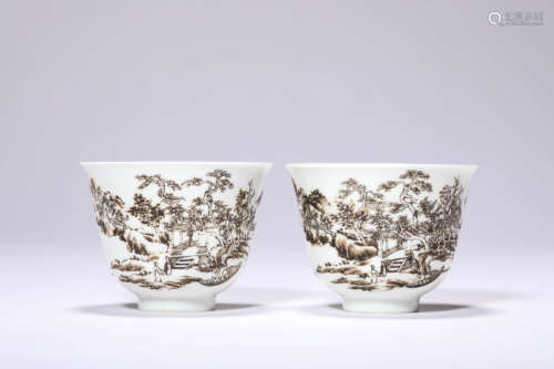 A Pair of Porcelain Ink-Glazed Mountain and River Cups