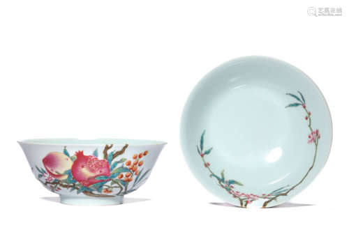 A Pair of Porcelain Famille-Rose Fu and Shou Bowls