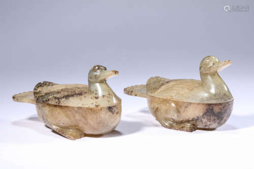 A Pair of Jade Duck Boxes and Covers